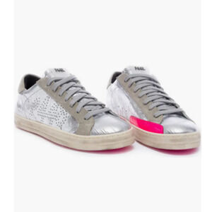 P448 John Metallic Leather Lace-Up Low-Top Sneakers Silver Pink Women's EU 37